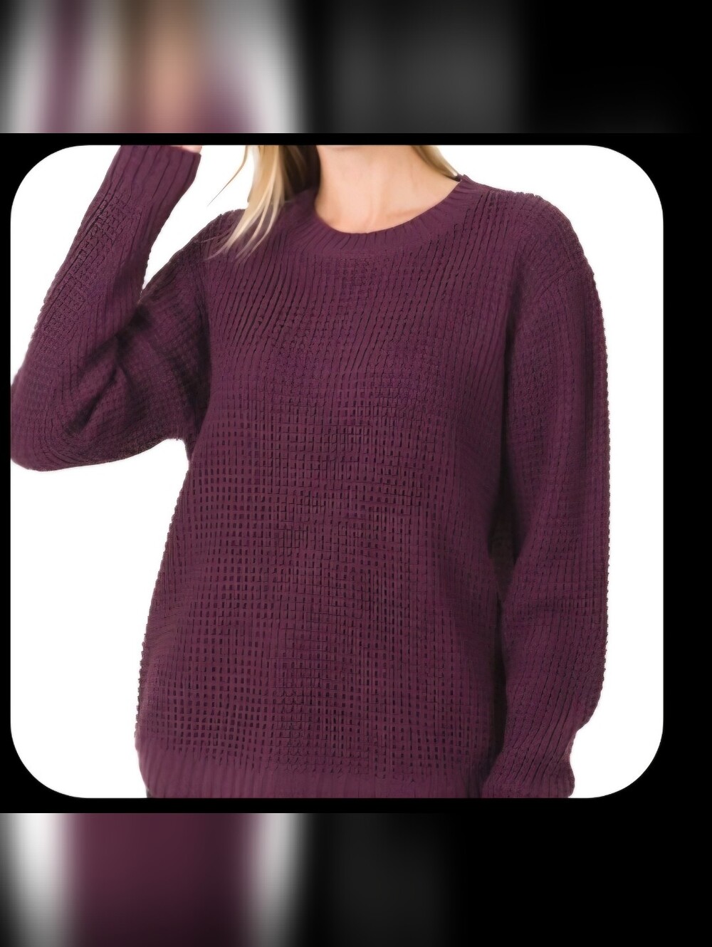 Zenana Oversized Slouch Waffle Knit Crewneck Sweater- Dark Plum
